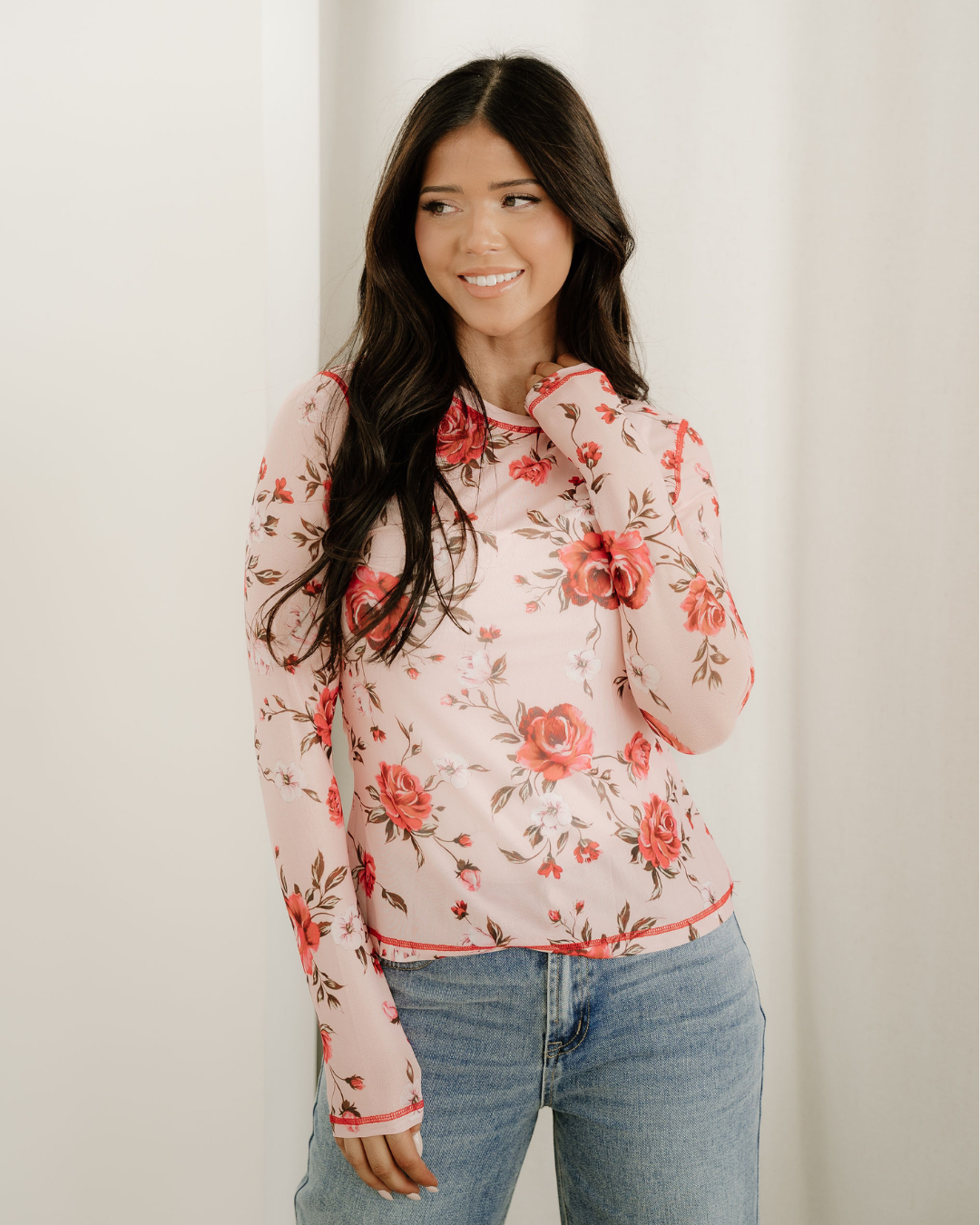 Rose Semi Sheer Crew Neck Long Sleeve Mesh Layering Top