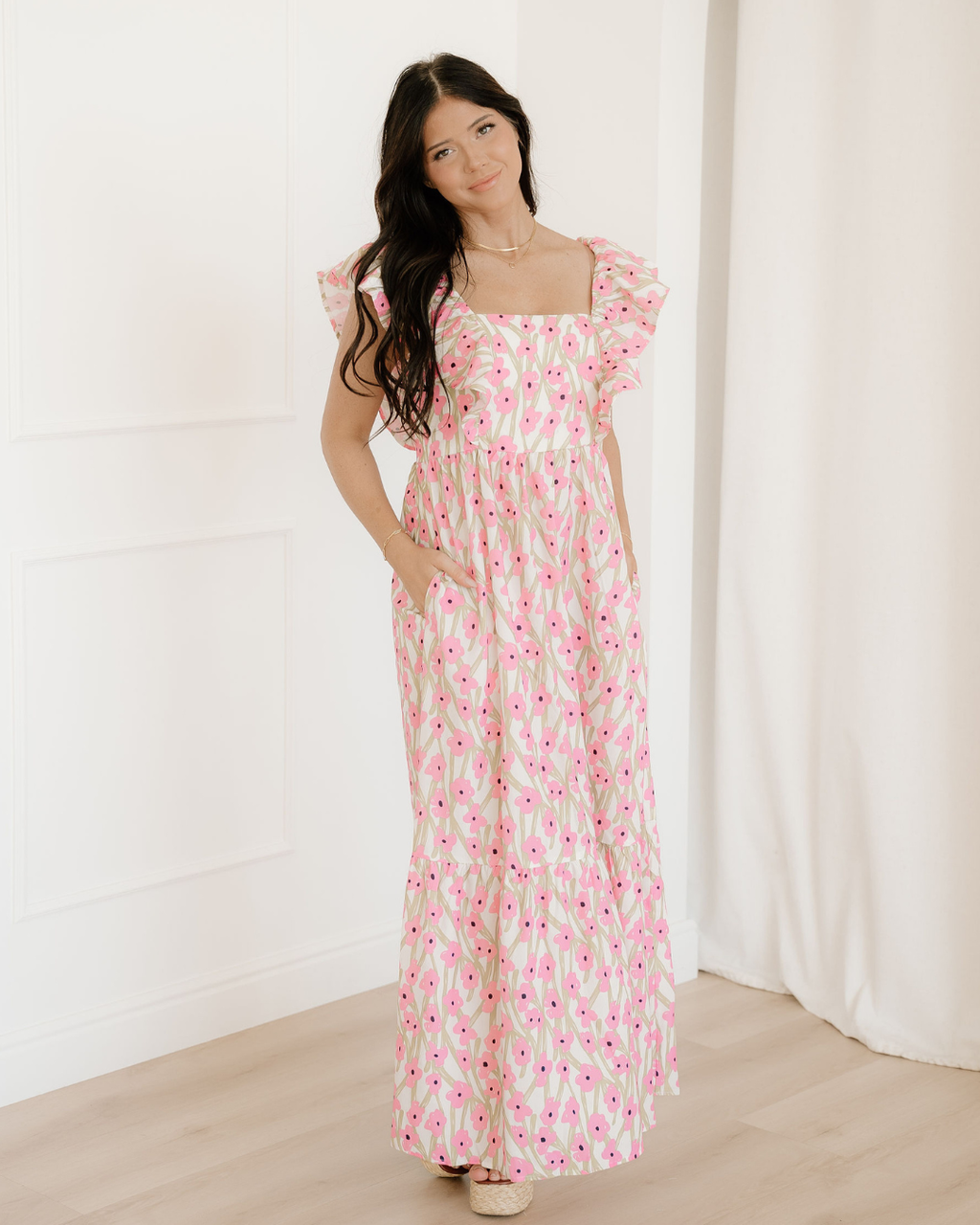Sunny Floral Print Square Neck Ruffled Strap Maxi Dress