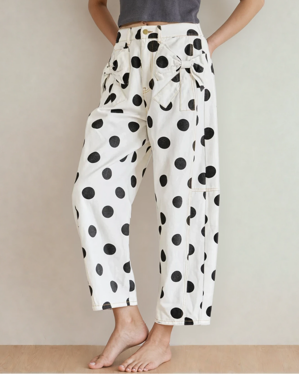 Polka Dot Print Bow Detail Pocketed Jeans