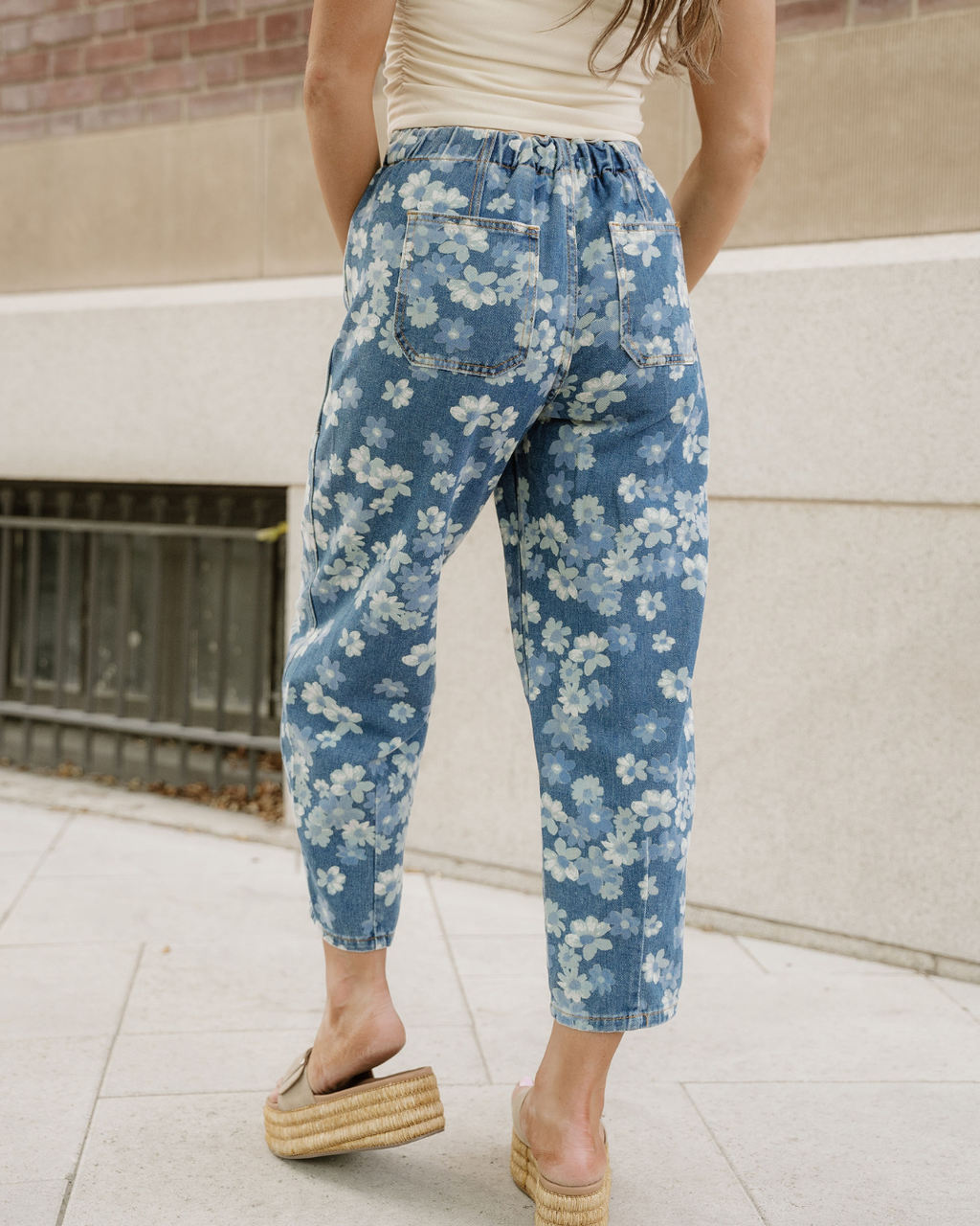 Eliana Floral Printed Drawstring Barrel Jeans