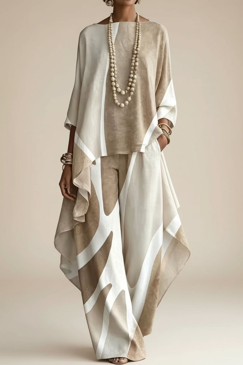 Women's Abstract Geometric Color-Block Asymmetric Draped Tunic & Wide-Leg Palazzo Pants Set