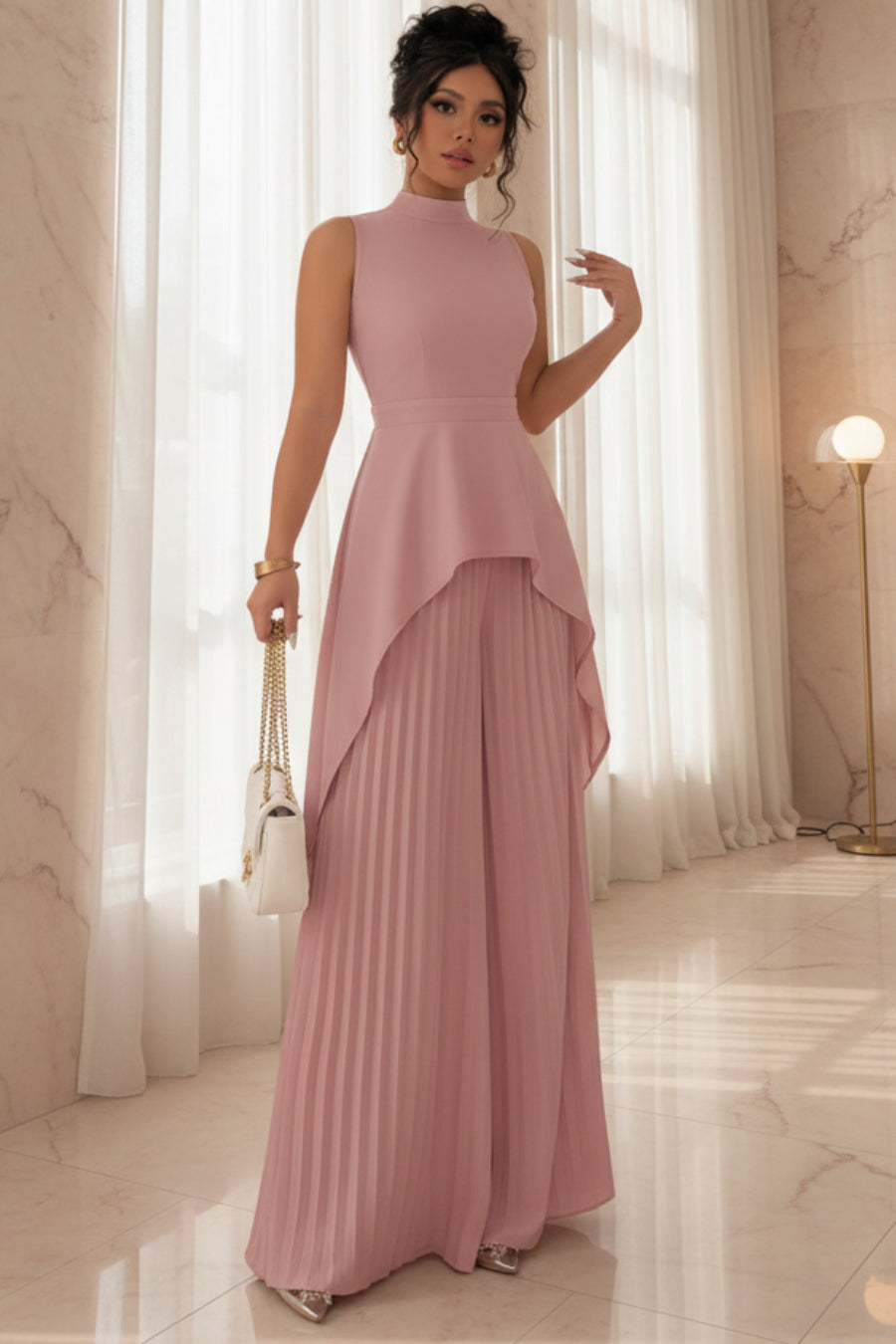 Women's Mock Neck Asymmetric Hi-Lo Peplum Top & Accordion Pleated Wide-Leg Palazzo Pants Set