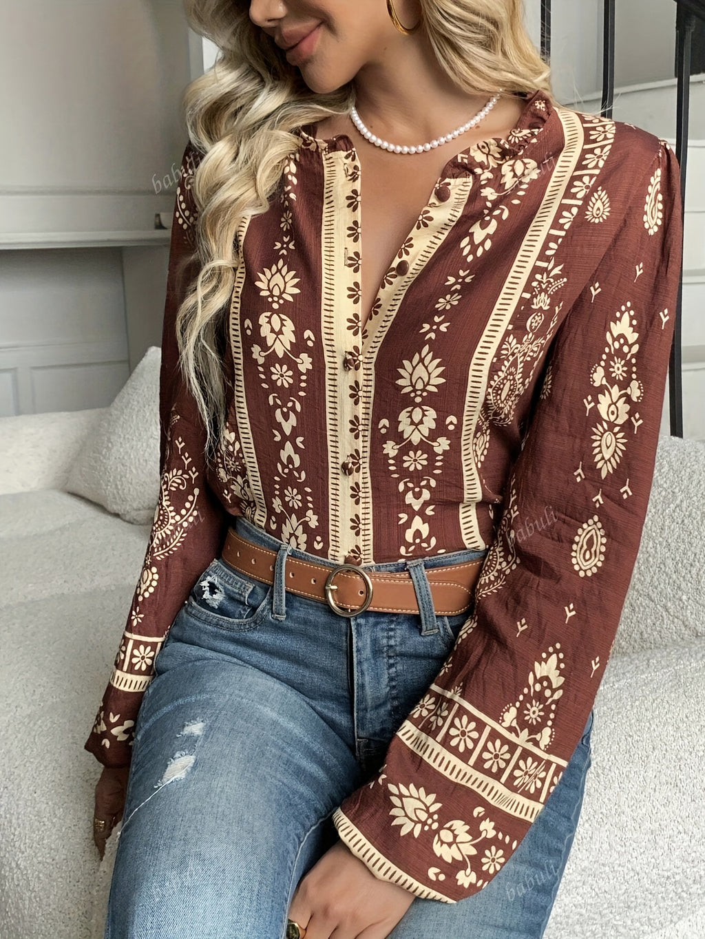 Elegant and casual new Women's long sleeved shirt, bubble sleeve button casual shirt, Bohemian vacation casual daily outfit, retro casual suitable for autumn and winter wear