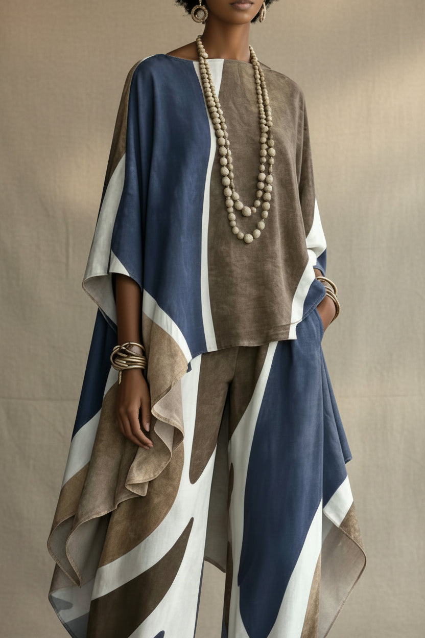 Women's Abstract Geometric Color-Block Asymmetric Draped Tunic & Wide-Leg Palazzo Pants Set