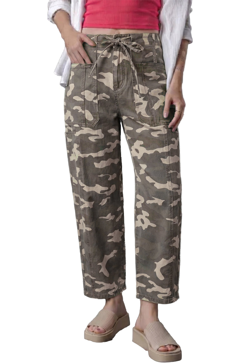 Collins Drawstring Elastic Waistband Pocketed Barrel Jeans