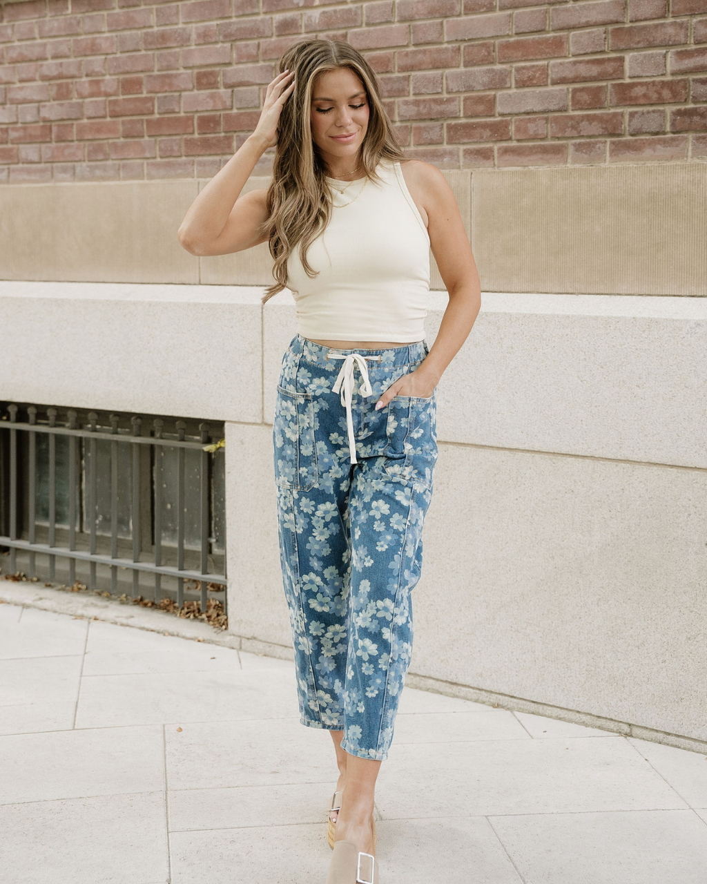 Eliana Floral Printed Drawstring Barrel Jeans