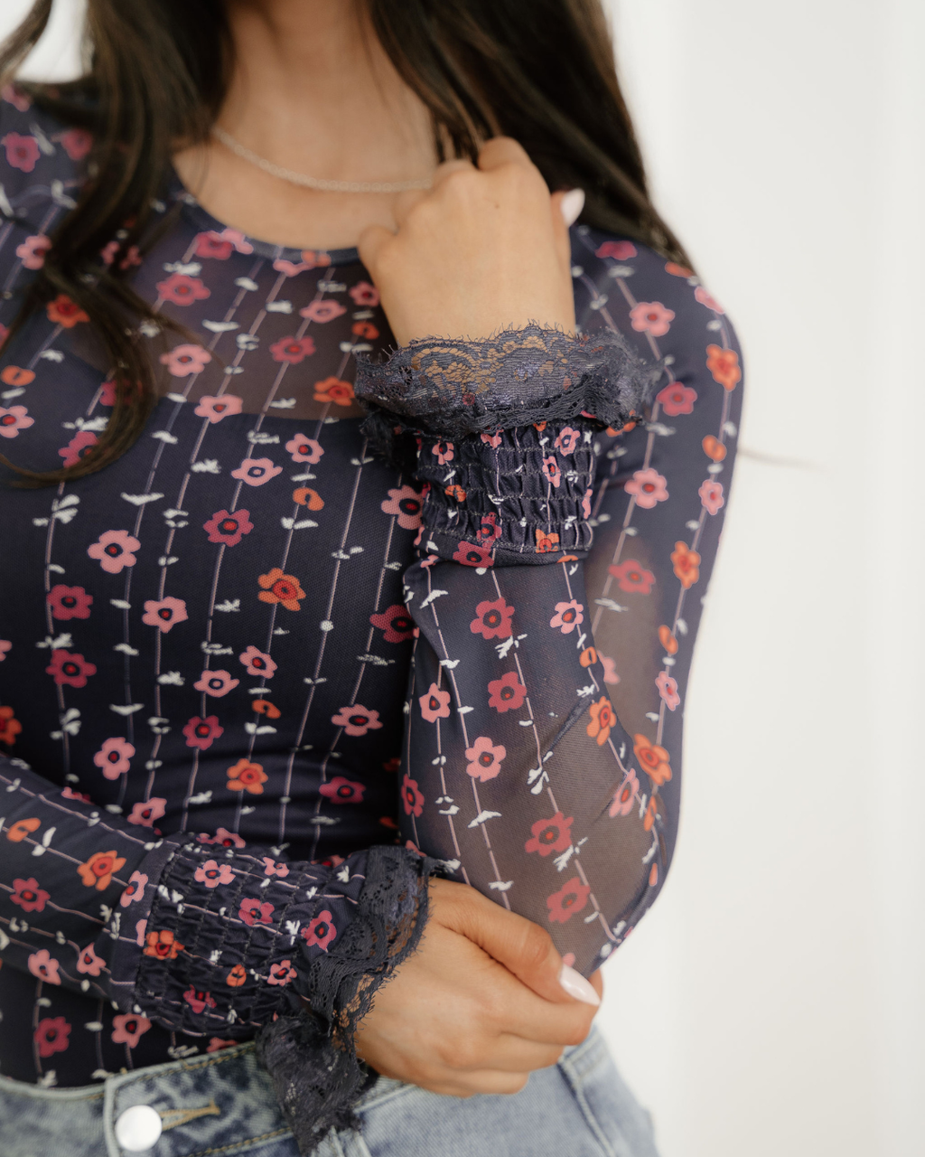 Samantha Floral Print Smocked Cuff Slim Fit Mesh Bodysuit