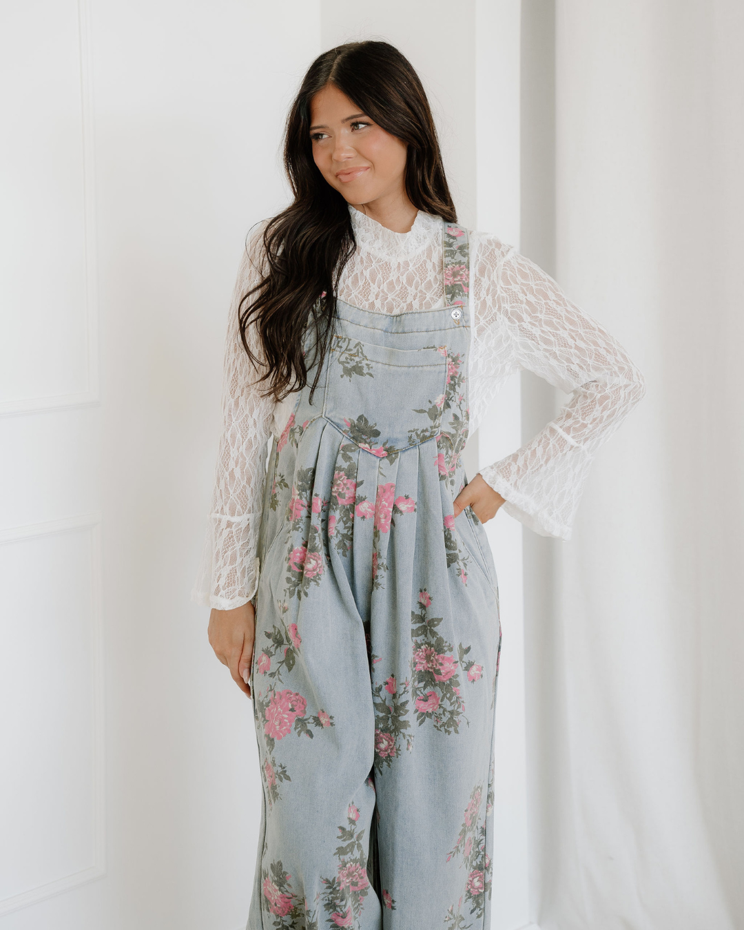 Scottie Floral Print Pleated High Waist Wide Leg Denim Jumpsuit