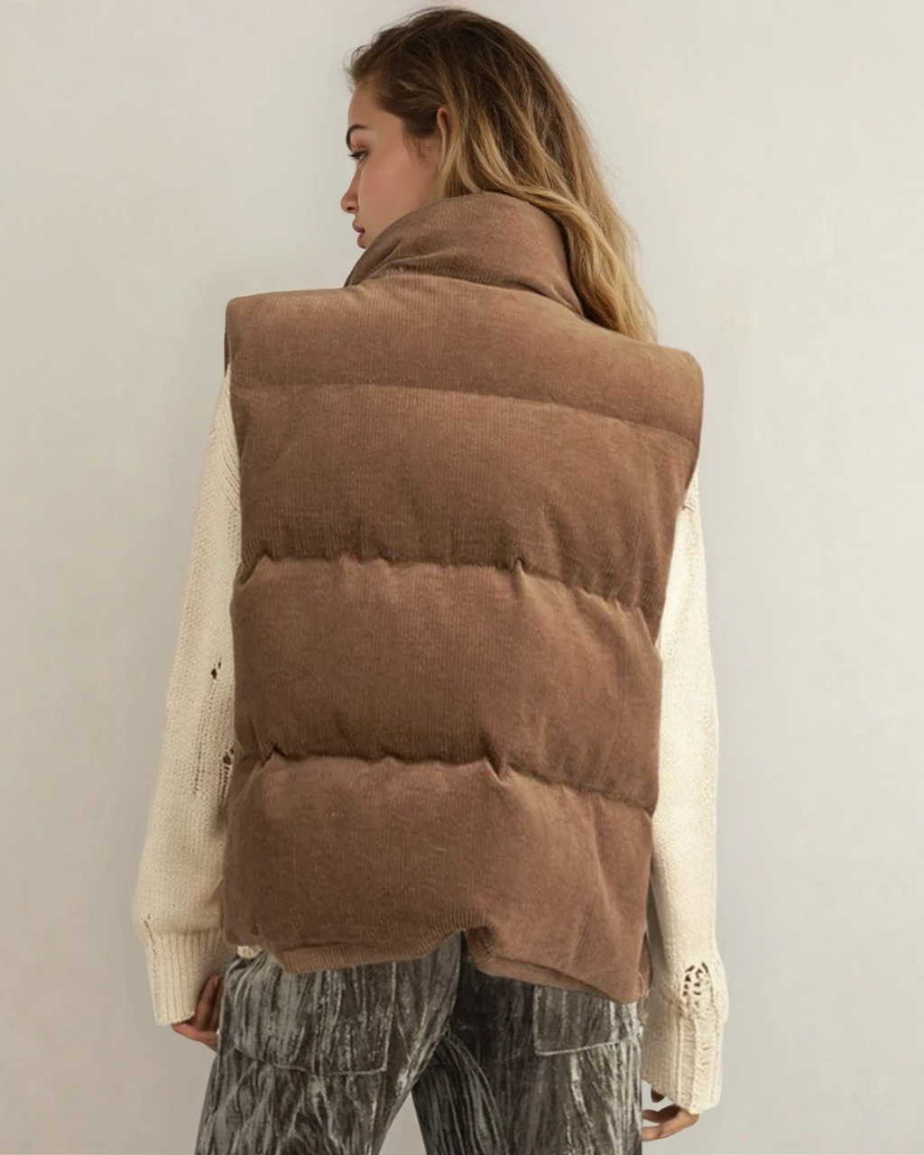 Scottie Solid Color Corduroy Puffer Vest Coat - Coffee