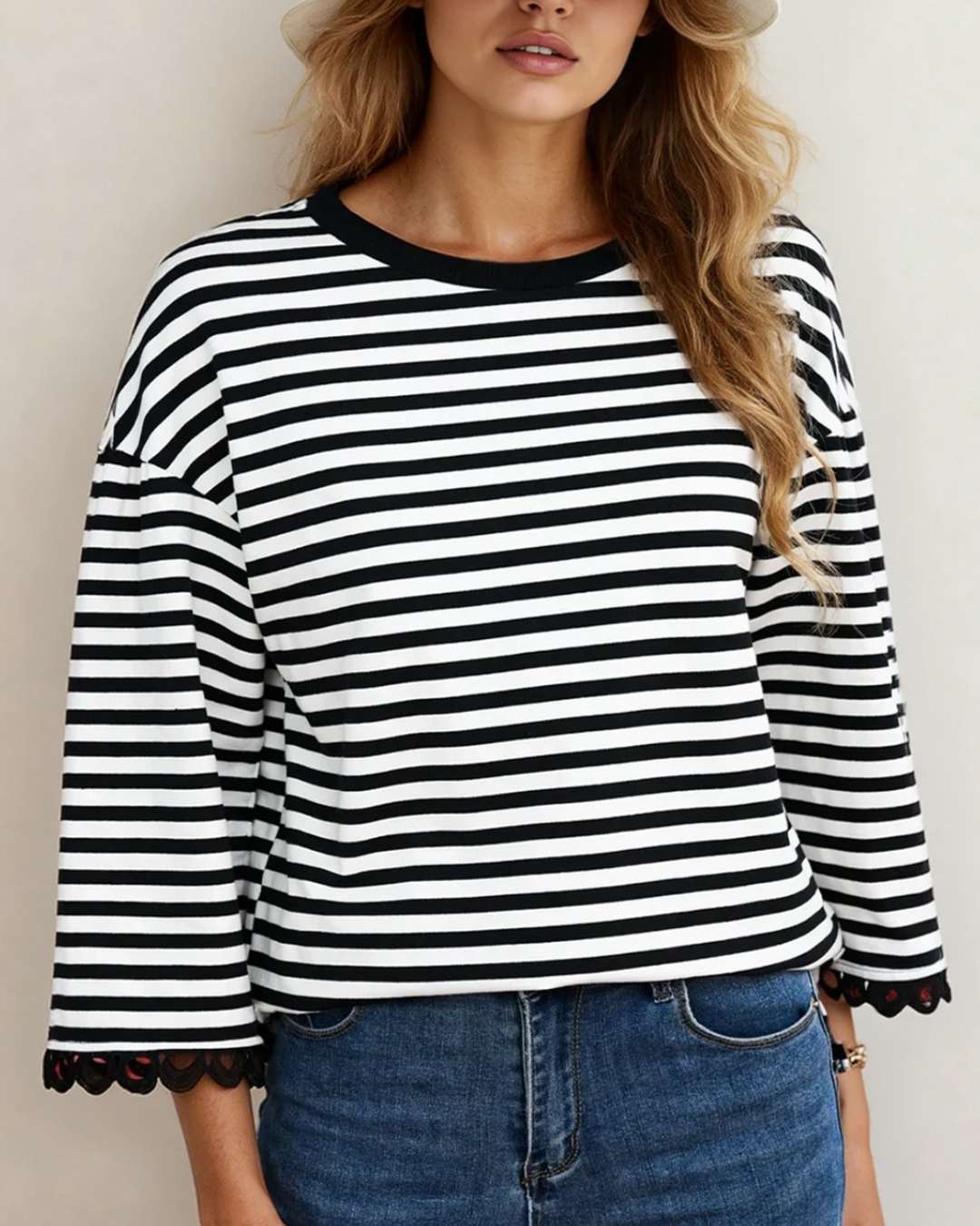 Amira Lace Trim Bell Sleeve Top - Black