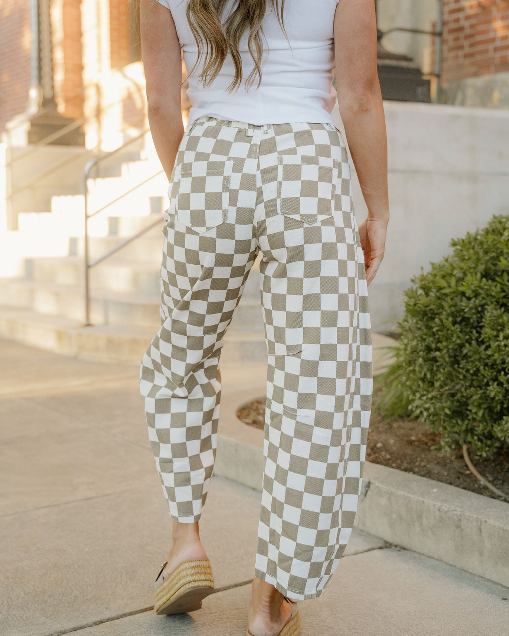 Riley Checkered Print Denim Barrel Pants