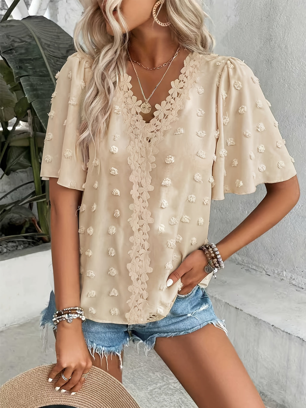 Swiss Dot Contrast Guipure Lace Butterfly Sleeve Blouse