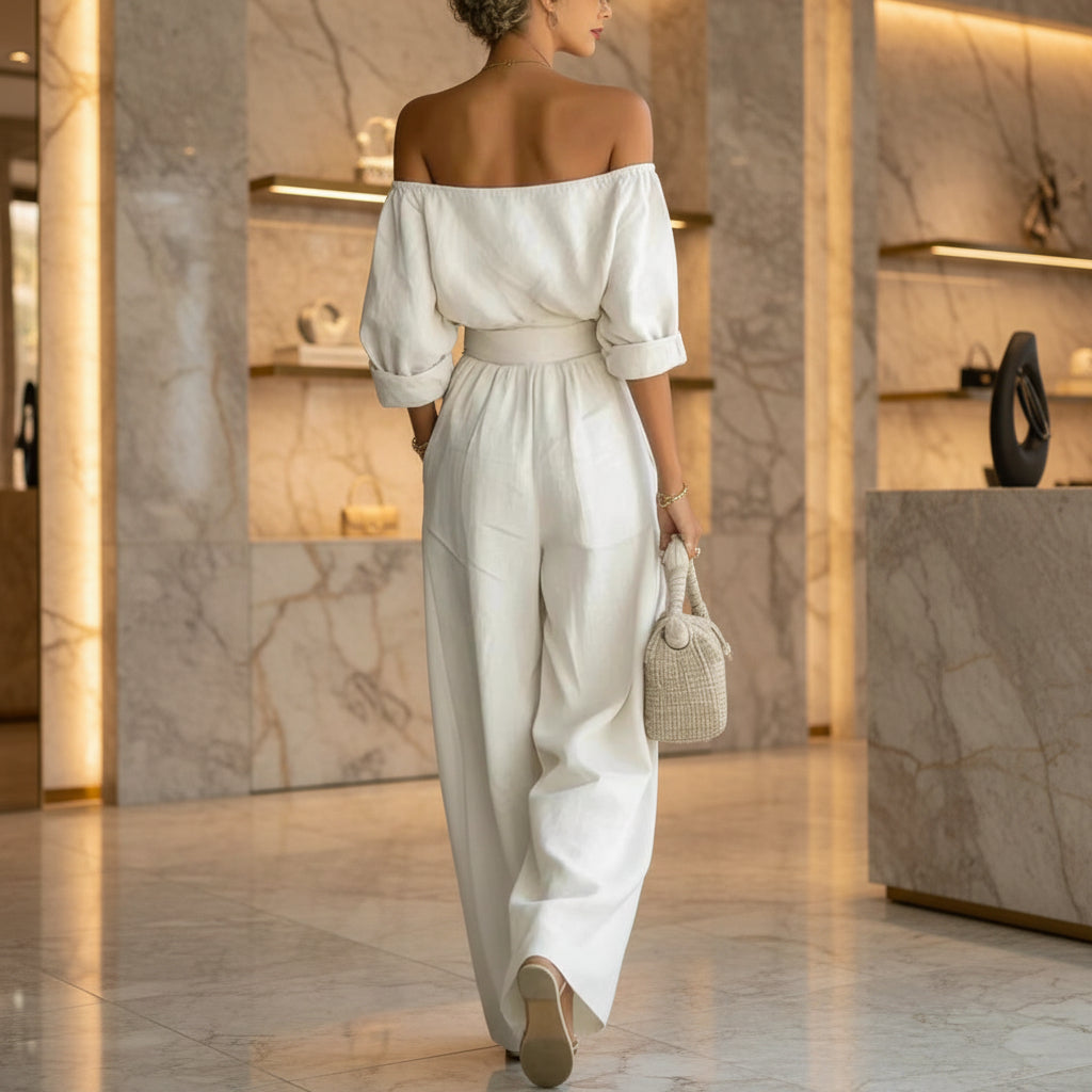 Women's Off-Shoulder Puff Sleeve Blouson Top & High-Rise Wide-Leg Pants Set