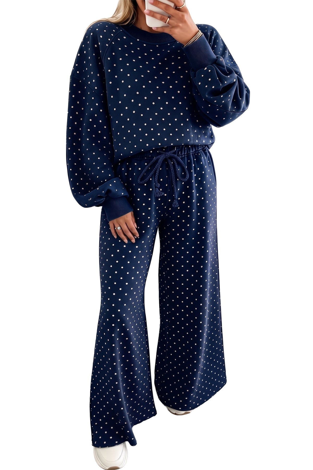 Jane Polka Dot Drawstring Wide Leg Long Sleeve Top Pant Set