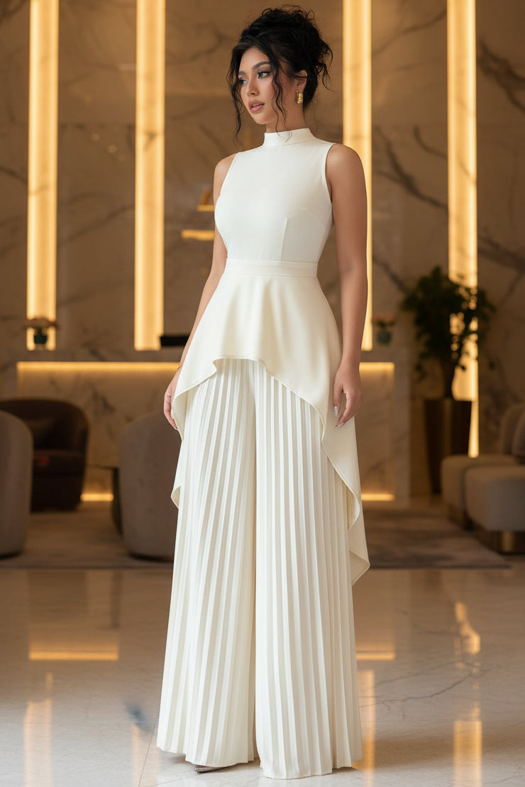 Women's Mock Neck Asymmetric Hi-Lo Peplum Top & Accordion Pleated Wide-Leg Palazzo Pants Set