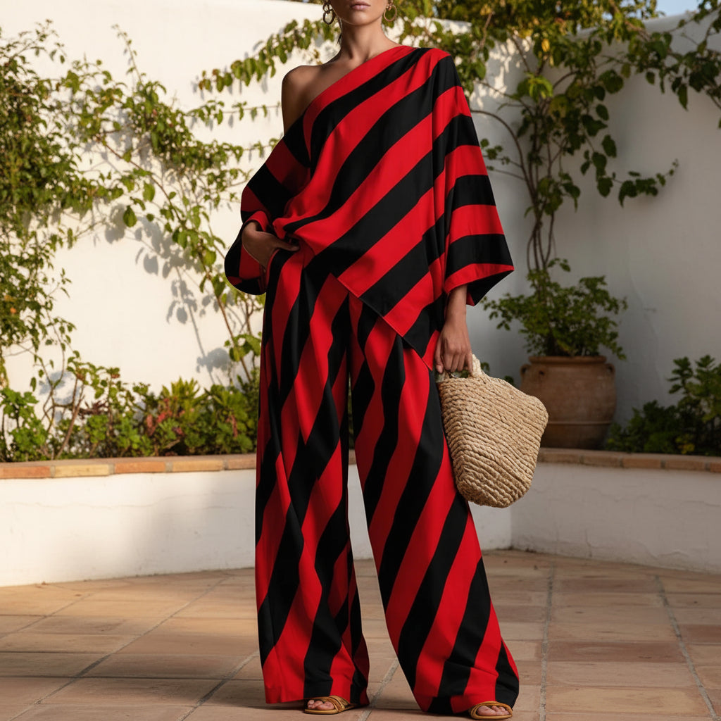Women's Retro Striped Batwing Top & Wide-Leg Pants Two-Piece Set