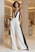 Women's Deep V-Neck Contrast Panel Wide-Leg Jumpsuit
