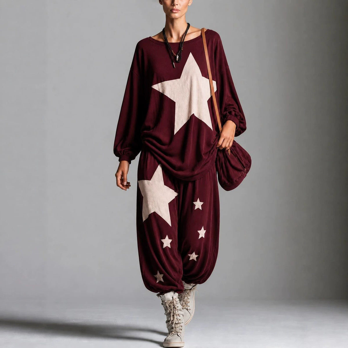 Women's Star Print Oversized Batwing Long-Sleeve Sweatshirt & Harem Balloon Trouser Set