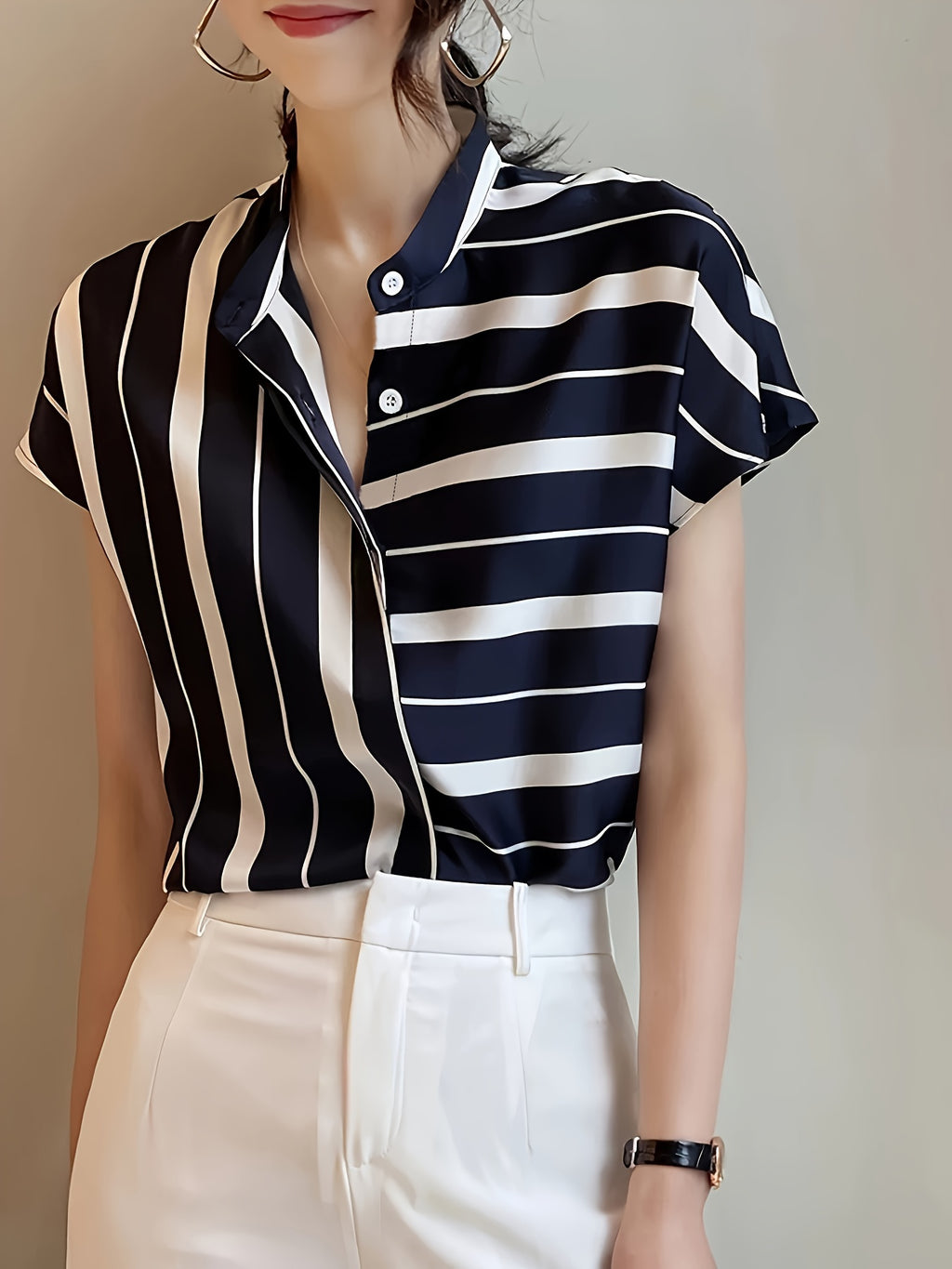 Elegant Striped Short Sleeve Blouse - Polyester, Asymmetrical Hem, Stand Collar, Machine Washable - Ideal for Spring & Summer Casual or Dressy Looks