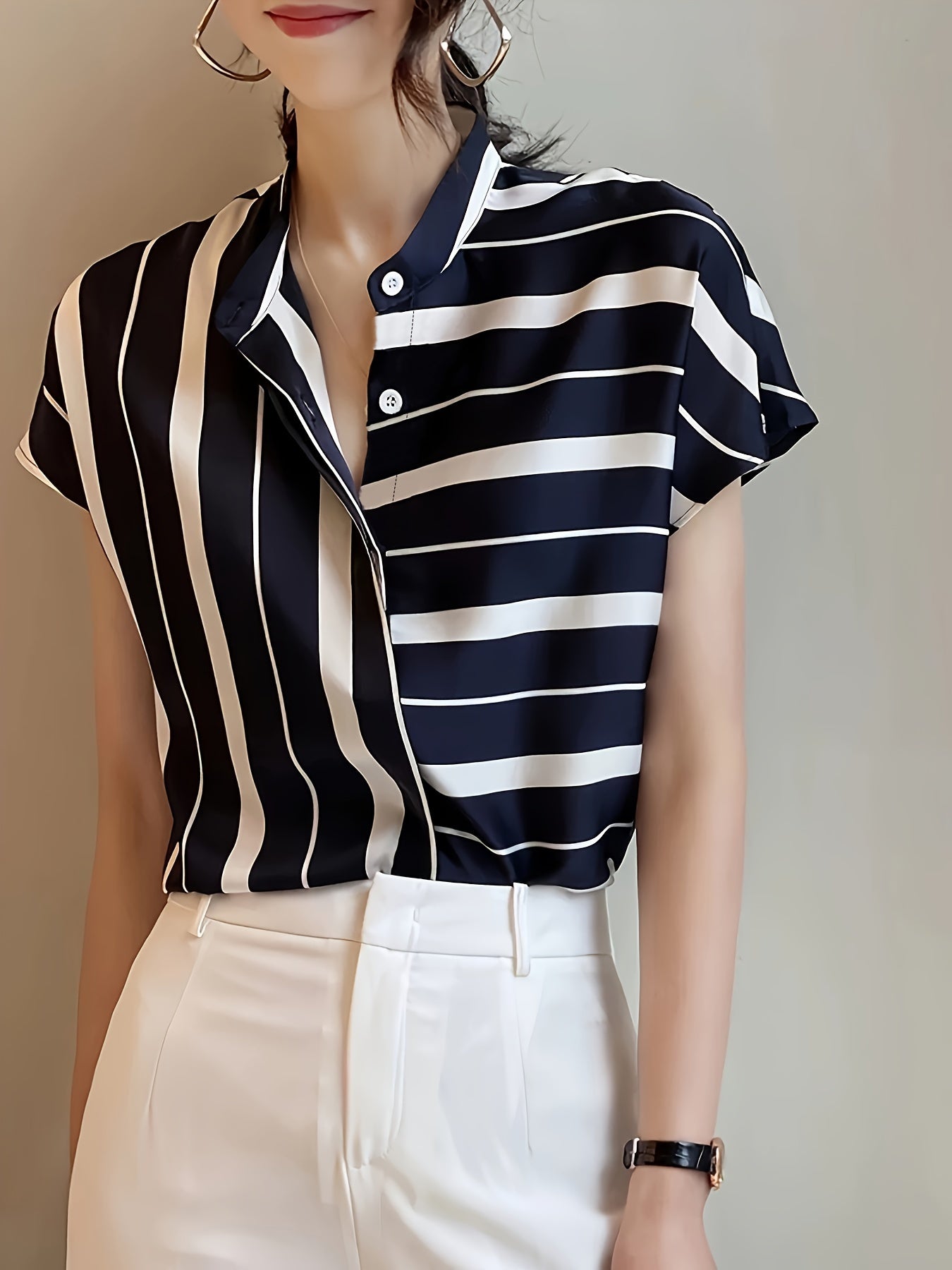 Elegant Striped Short Sleeve Blouse - Polyester, Asymmetrical Hem, Stand Collar, Machine Washable - Ideal for Spring & Summer Casual or Dressy Looks