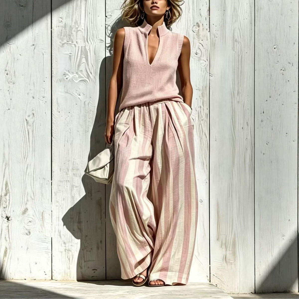 Women's Textured Knit V-Notch Stand Collar Tank & Striped Wide-Leg Palazzo Pants Set