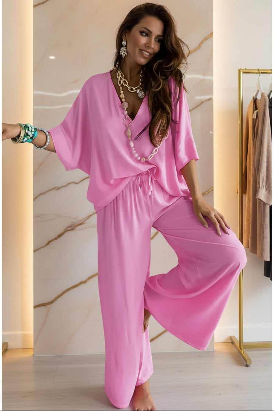 Women's V-Neck Batwing Top & Drawstring Wide-Leg Pants Two-Piece Set