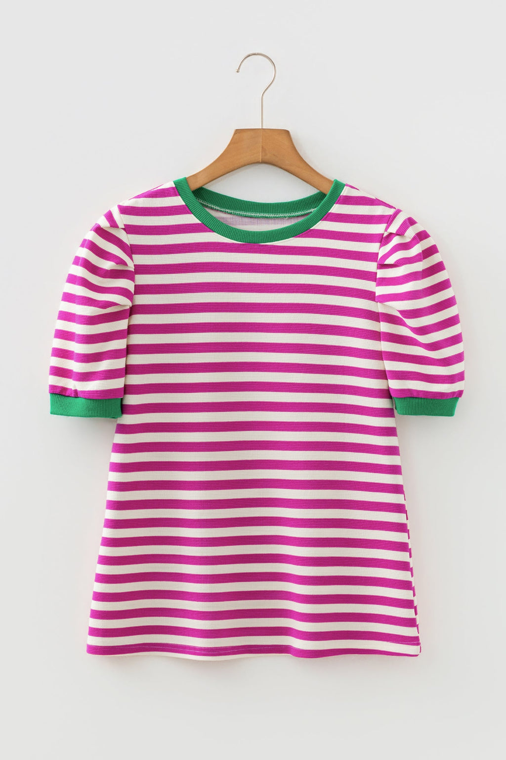 Kimberly Stripe Short Puff Sleeve Contrast Trim Round Neck Tee