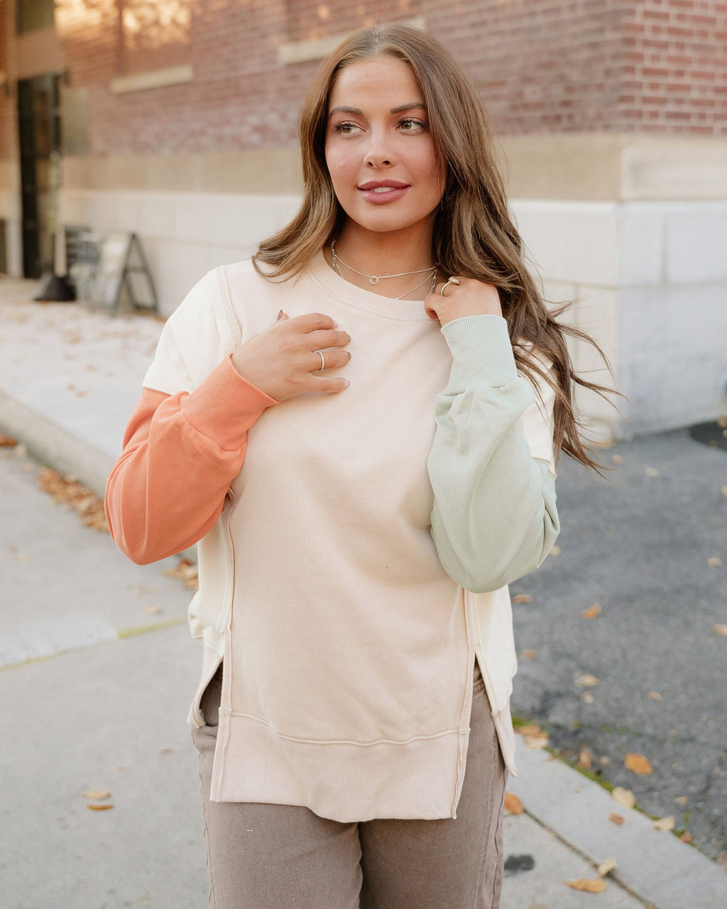 Evelyn Colorblock Patchwork Split Hem Casual Sweatshirt