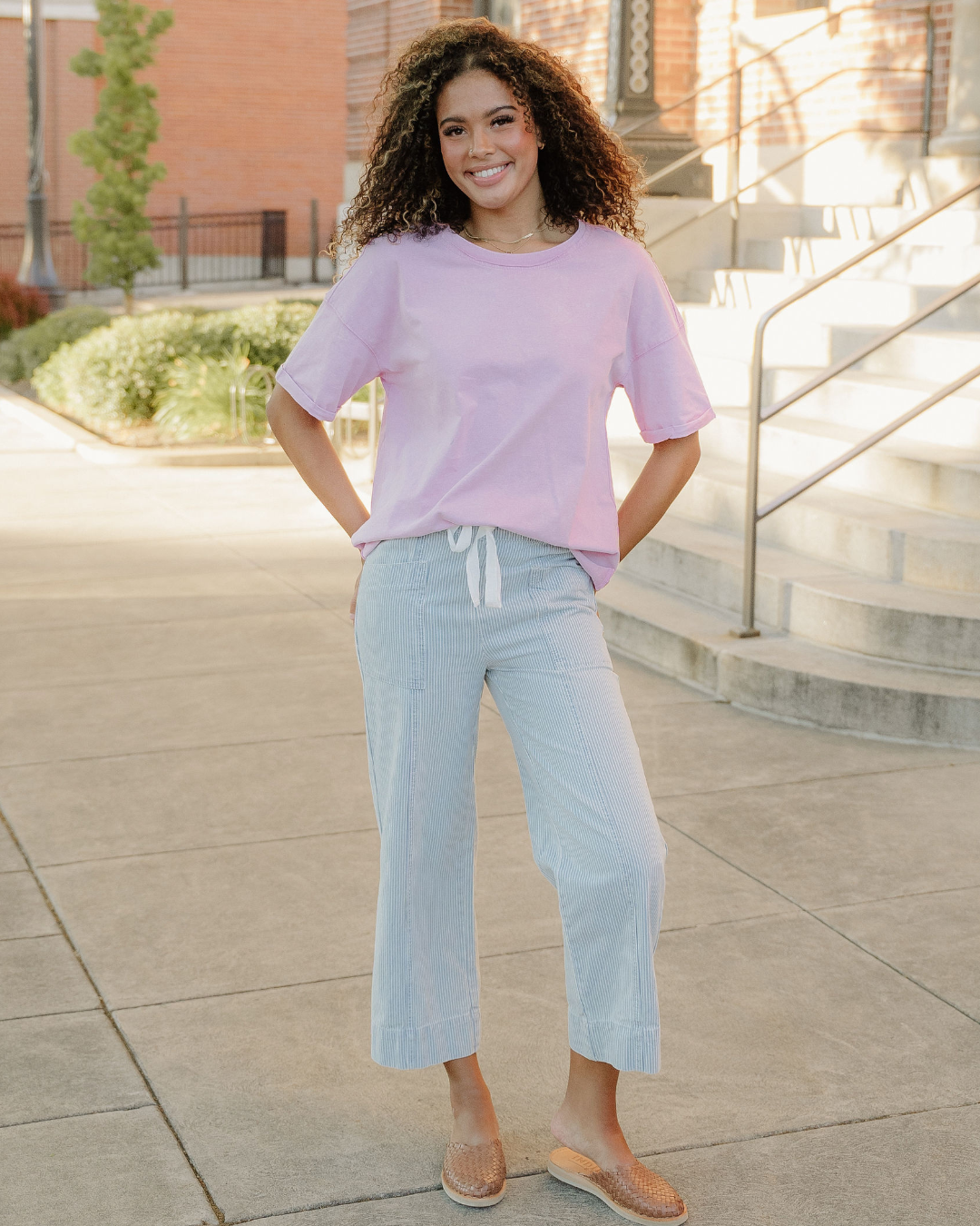 Hayden Blue Stripe Mid Rise Drawstring Waist Jeans