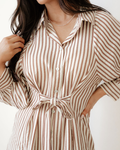 Serena Stripe Knot Waist Puff Sleeve Button Down Mini Shirt Dress