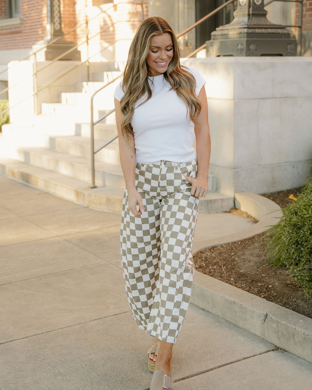 Riley Checkered Print Denim Barrel Pants