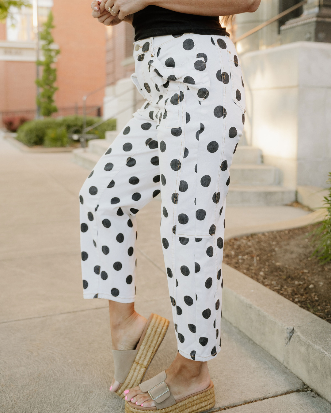 Polka Dot Bow Detail Pocketed Barrel Jeans