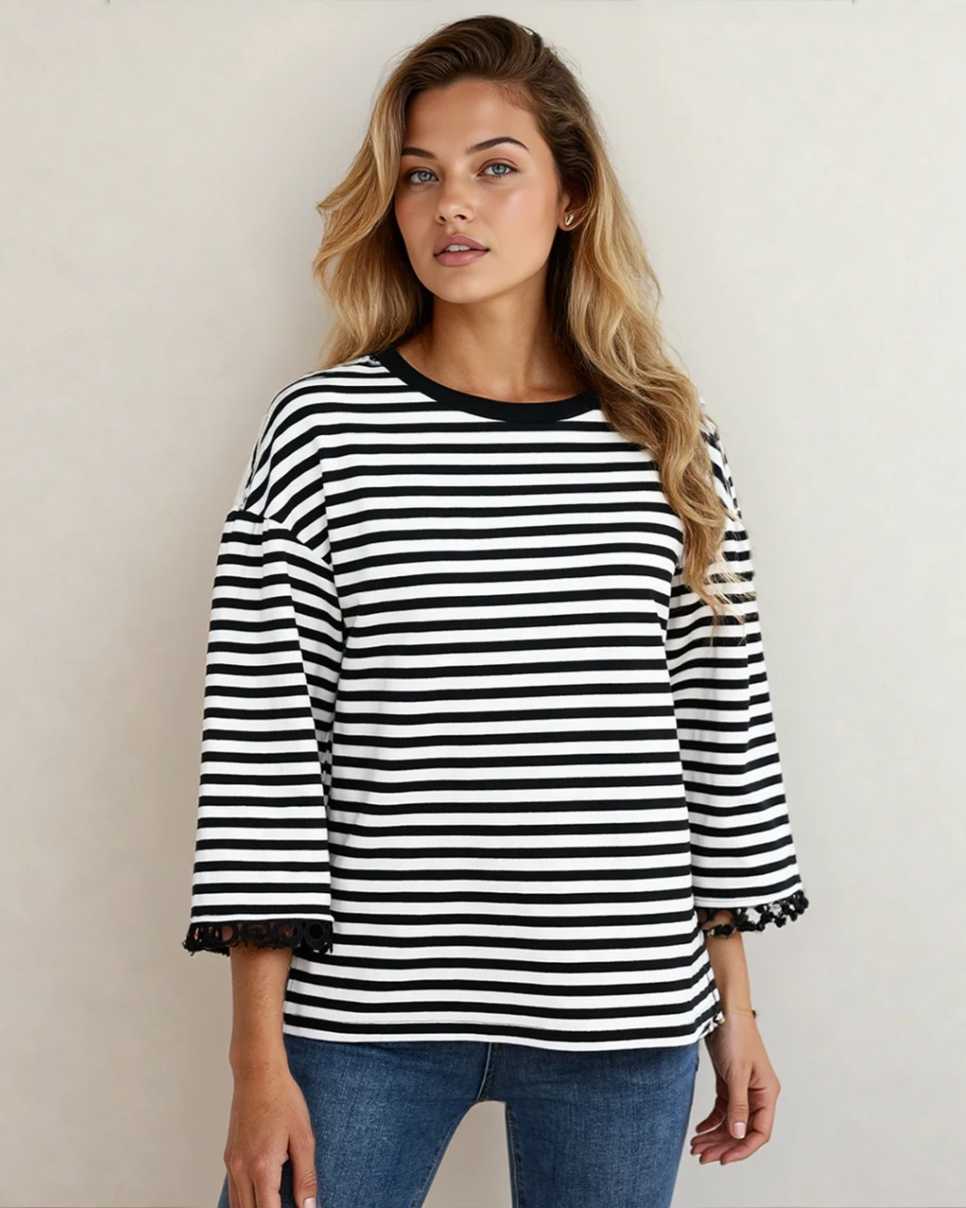 Amira Lace Trim Bell Sleeve Top - Black