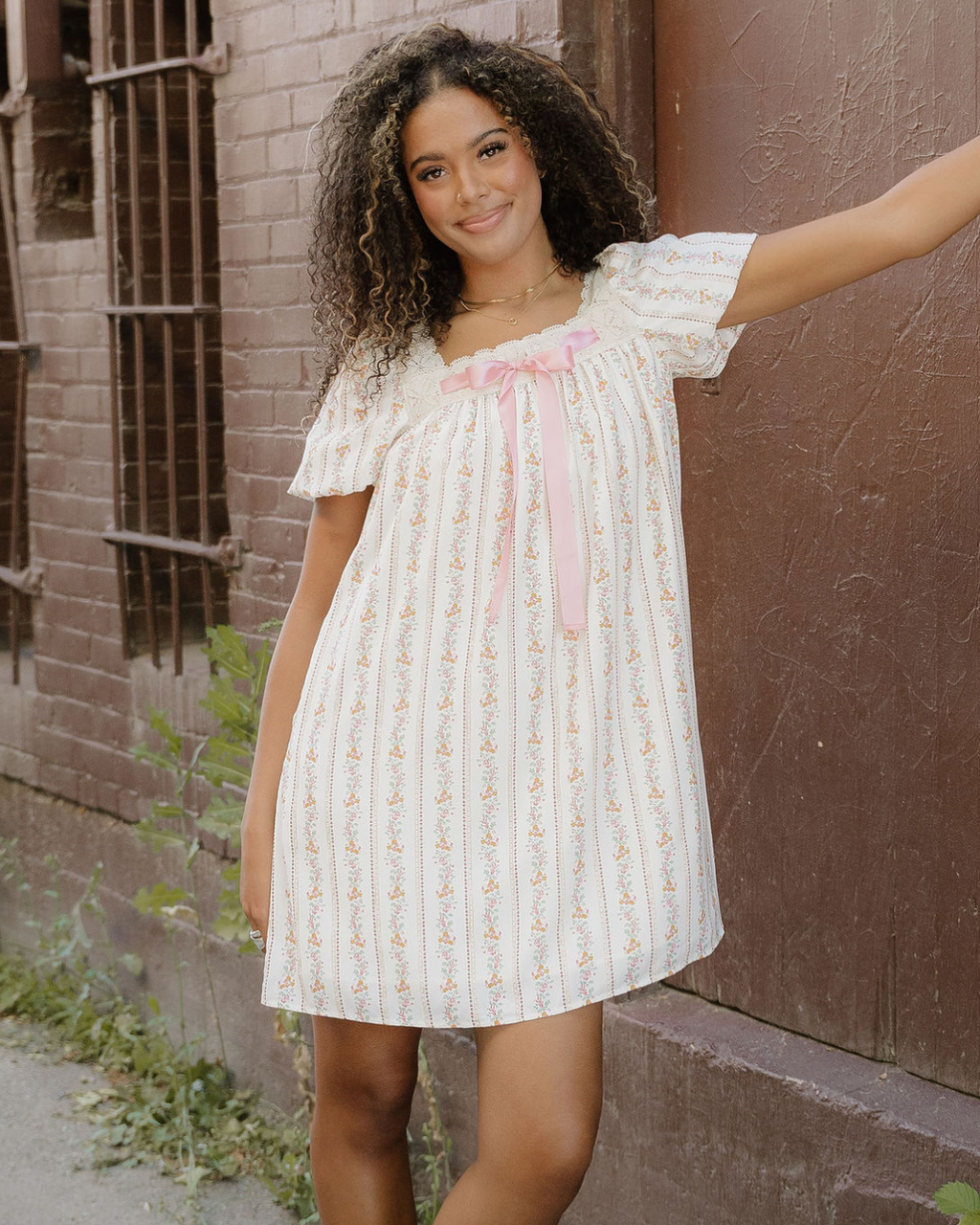 Birdie Ribbon Bow Lace Trim Square Neck Mini Dress