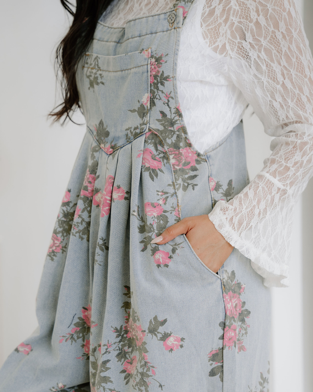 Scottie Floral Print Pleated High Waist Wide Leg Denim Jumpsuit