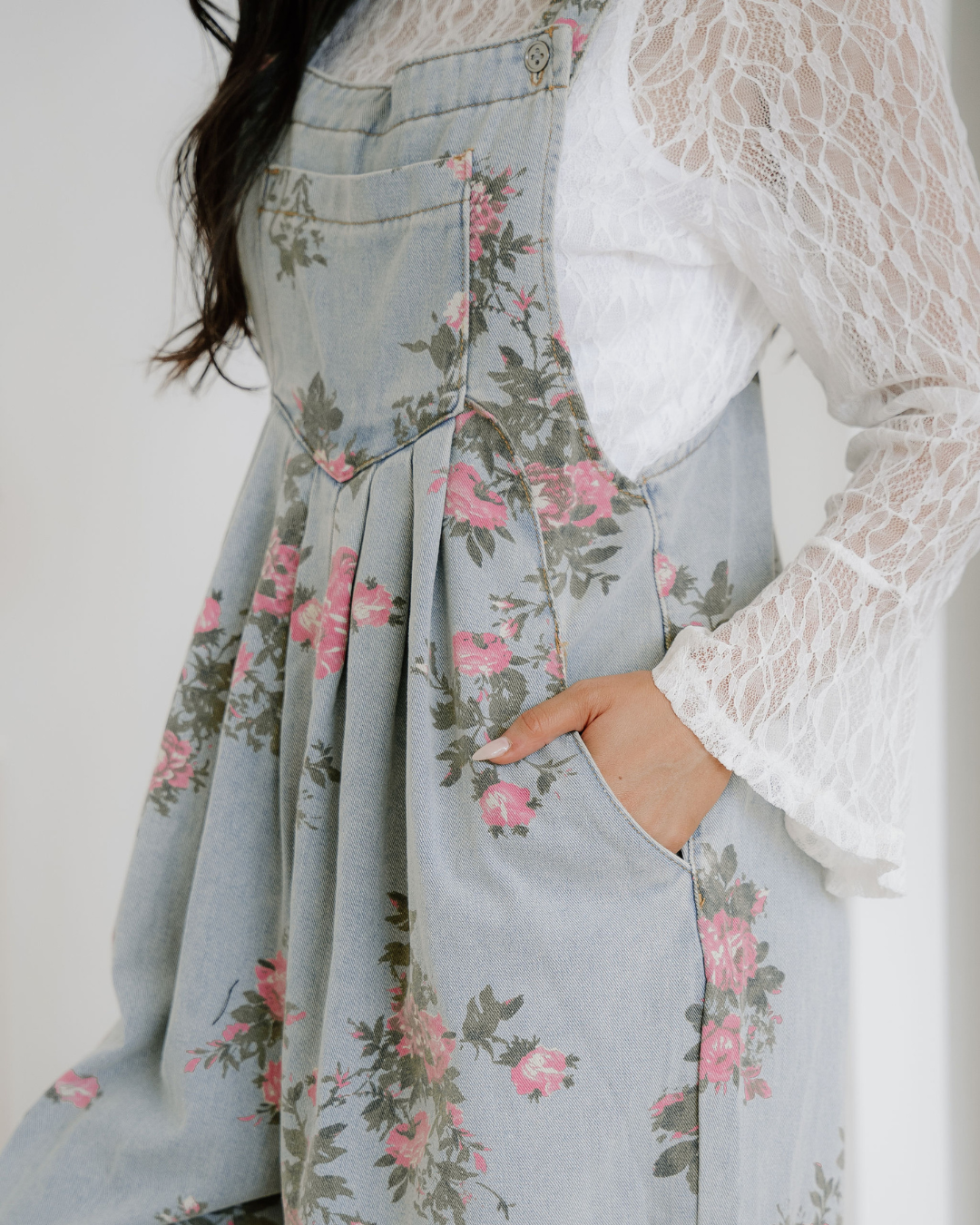 Scottie Floral Print Pleated High Waist Wide Leg Denim Jumpsuit