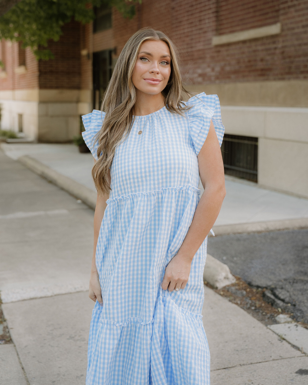 Gingham Knot Back Ruffled Maxi Dress