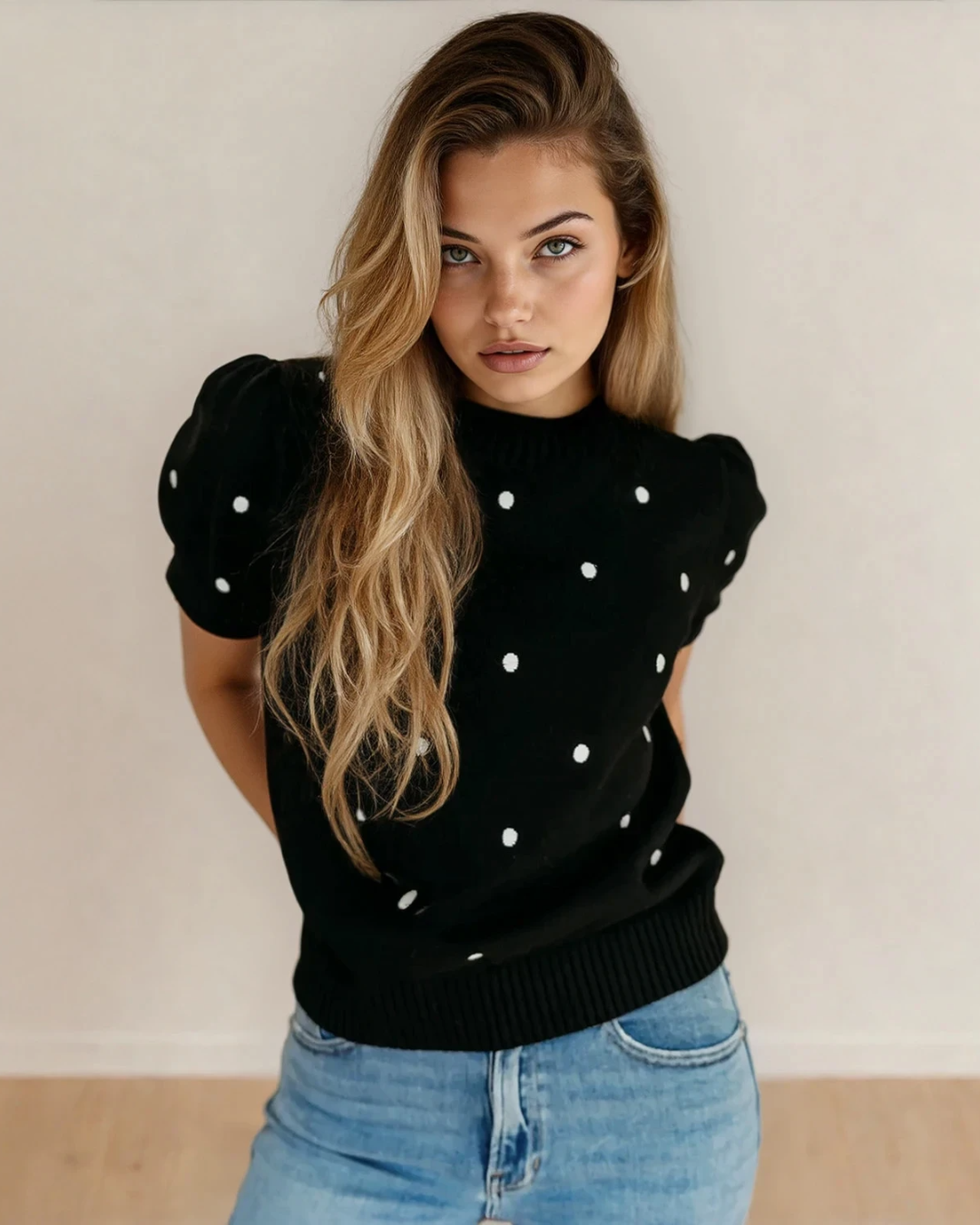 River Polka Dot Bubble Short Sleeve Sweater - Black