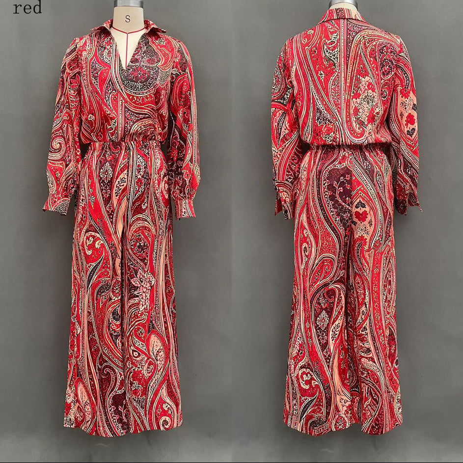 Women's Paisley Print Deep V Fringe Blouse & Wide-Leg Palazzo Pants Set