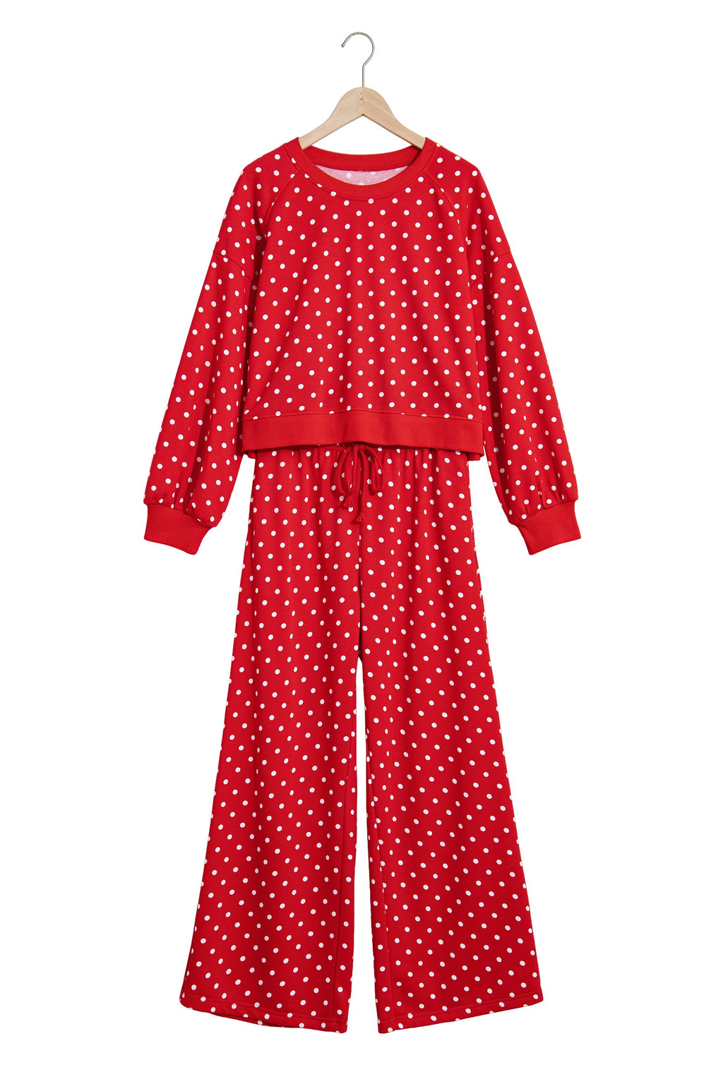 Jane Polka Dot Drawstring Wide Leg Long Sleeve Top Pant Set