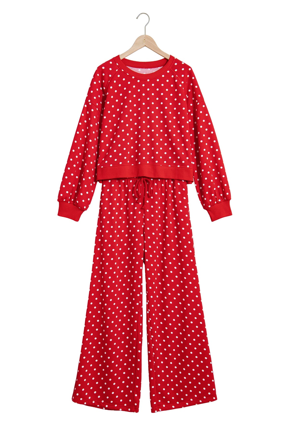 Jane Polka Dot Drawstring Wide Leg Long Sleeve Top Pant Set