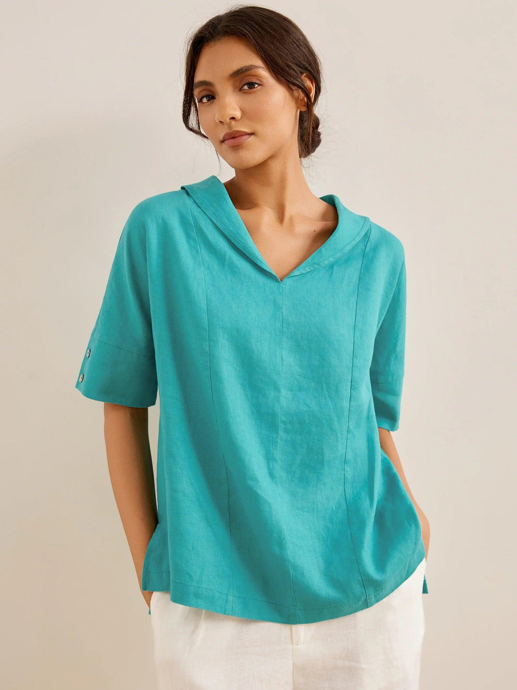 Linen V Neck Short Sleeve Shirt PENNY