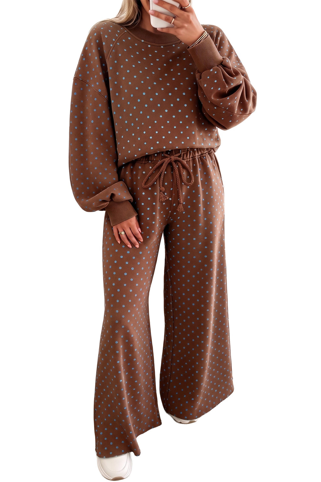 Jane Polka Dot Drawstring Wide Leg Long Sleeve Top Pant Set