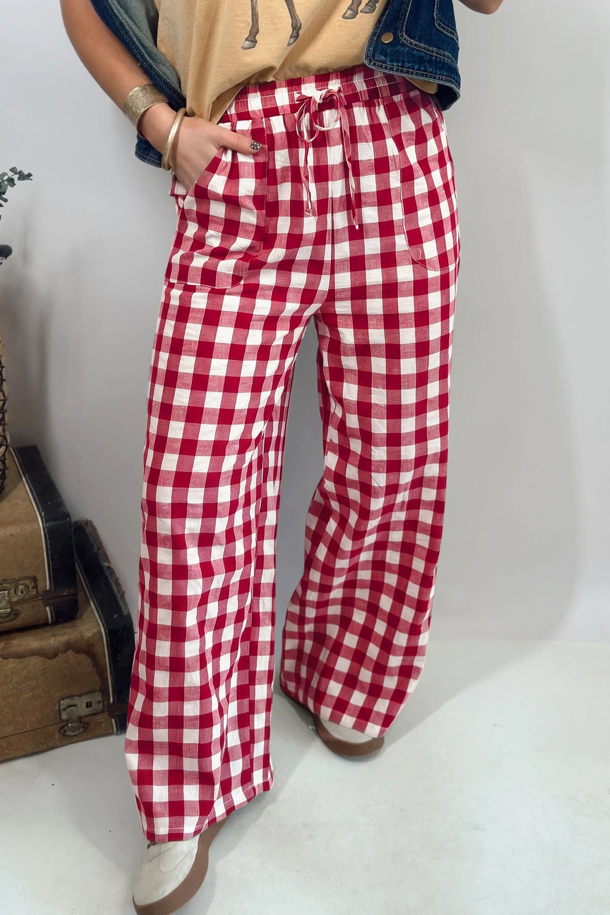 Gingham Tie Elastic Waist Shift Pants