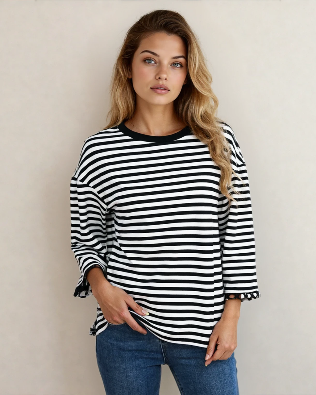 Amira Lace Trim Bell Sleeve Top - Black