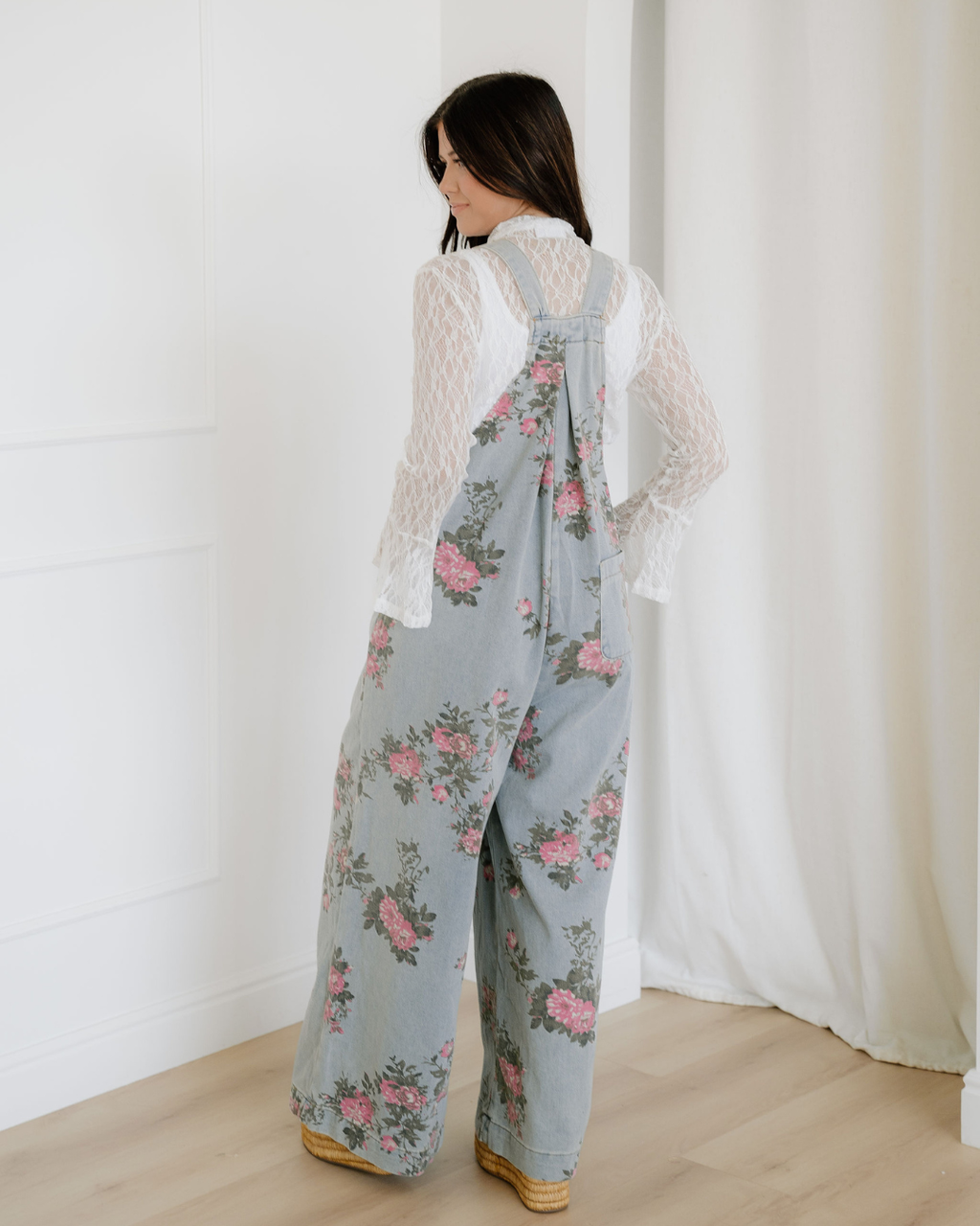 Scottie Floral Print Pleated High Waist Wide Leg Denim Jumpsuit