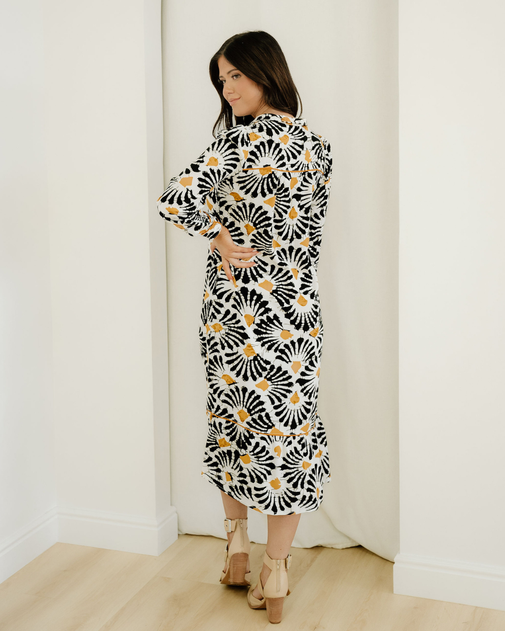 Lucille Abstract Floral Print Split V Neck Long Dress with Sleeves