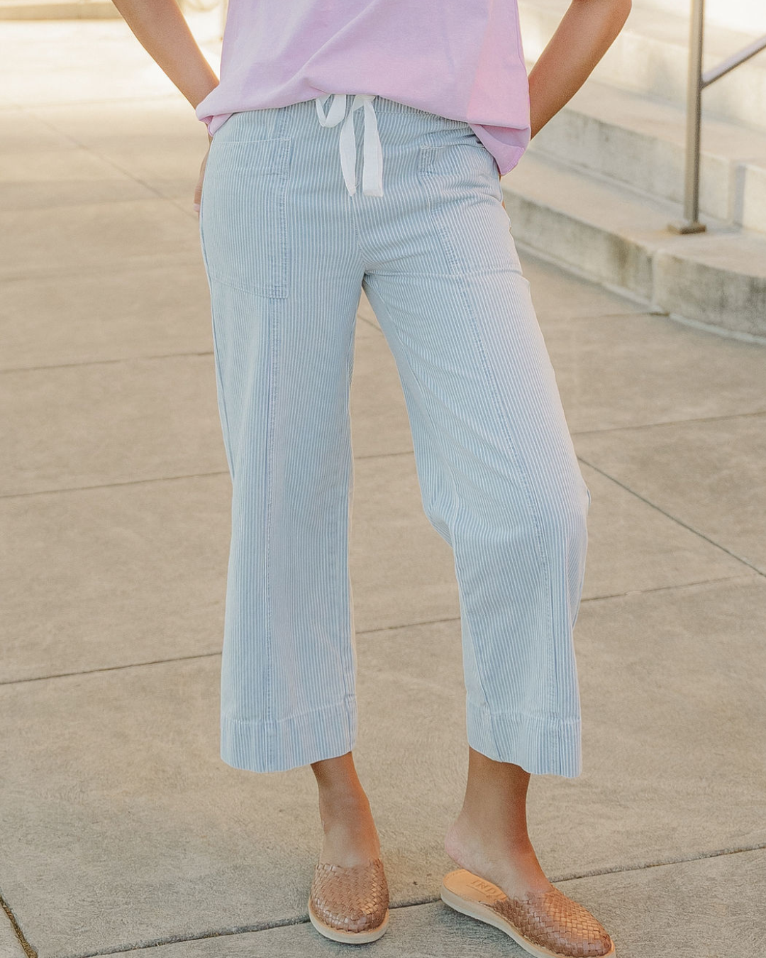 Hayden Blue Stripe Mid Rise Drawstring Waist Jeans
