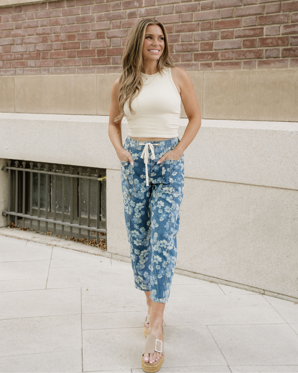 Eliana Floral Printed Drawstring Barrel Jeans