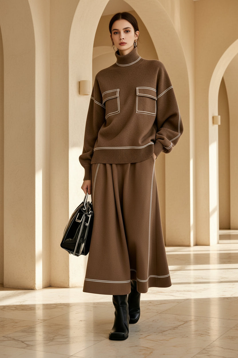 Women's Turtleneck Balloon-Sleeve Knit Top & A-Line Midi Skirt Set with Contrast Topstitching